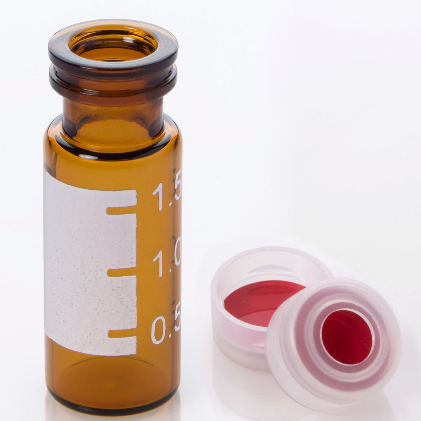 Vial Kit: 2mL Amber Glass Vial with Graduated Marking Spot, 11mm Clear Polyethylene Snap Cap with 0.040" PTFE/Silicone/PTFE Septa, 100/pk