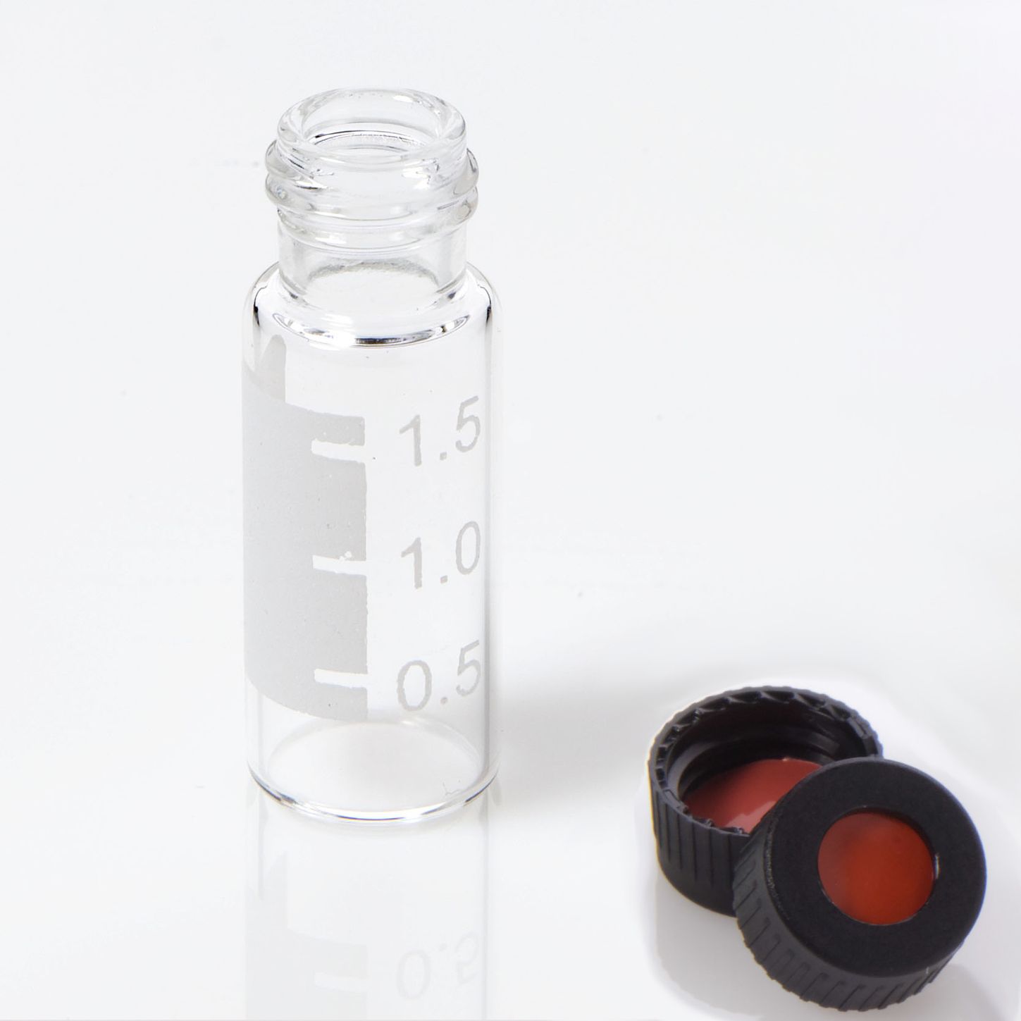 Vial Kit: 2mL Clear Glass Vial with Graduated Marking Spot, 9-425 Black Polypropylene Screw Cap with 0.040" Bonded PTFE/Red Rubber Septa, 100/pk