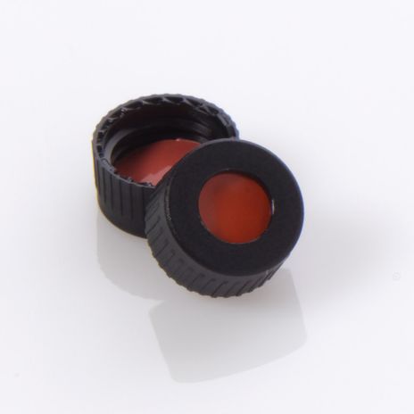 Cap Screw 9-425 Open Top Black Polypropylene with 0.040" Bonded PTFE/Red Rubber Septa, 100/pk