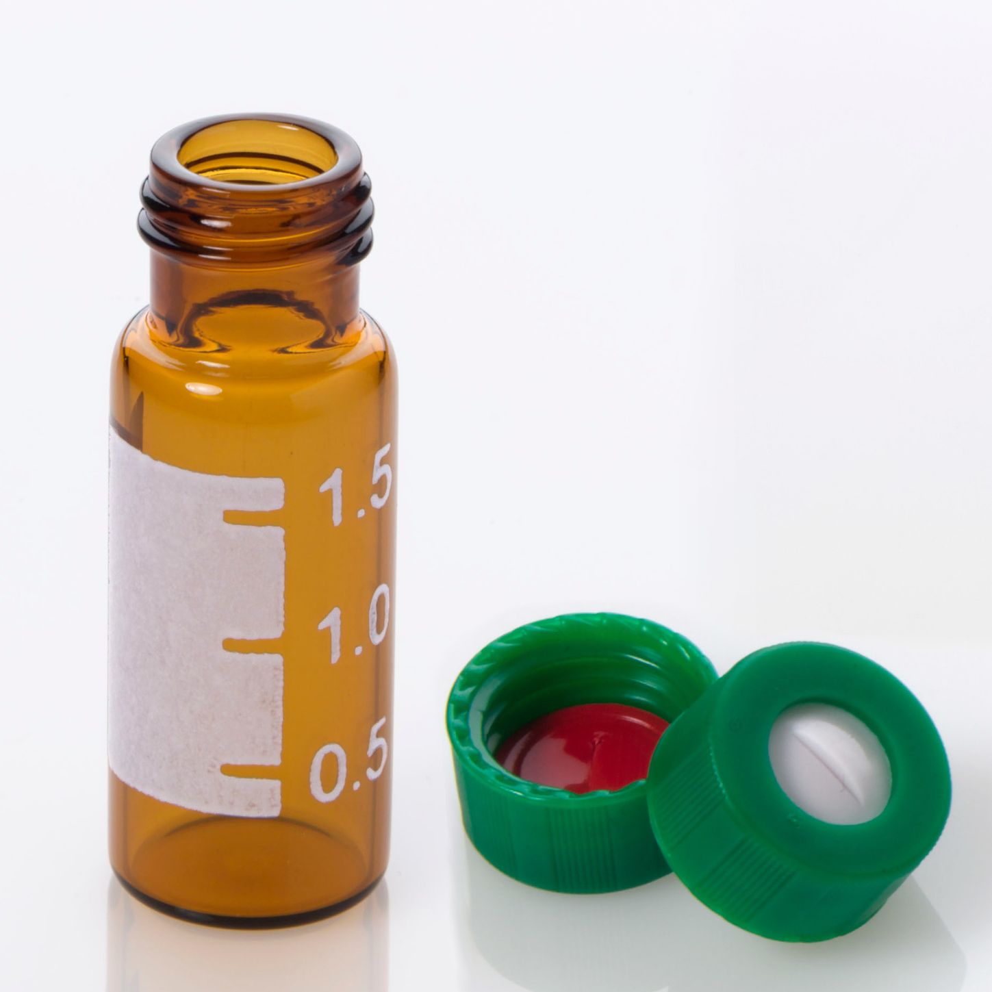 Vial Kit: 2mL Amber Glass Vial with Graduated Marking Spot, 9-425 Green Polypropylene Screw Cap with 0.040" Bonded Pre-Slit PTFE/Silicone Septa, 100/pk